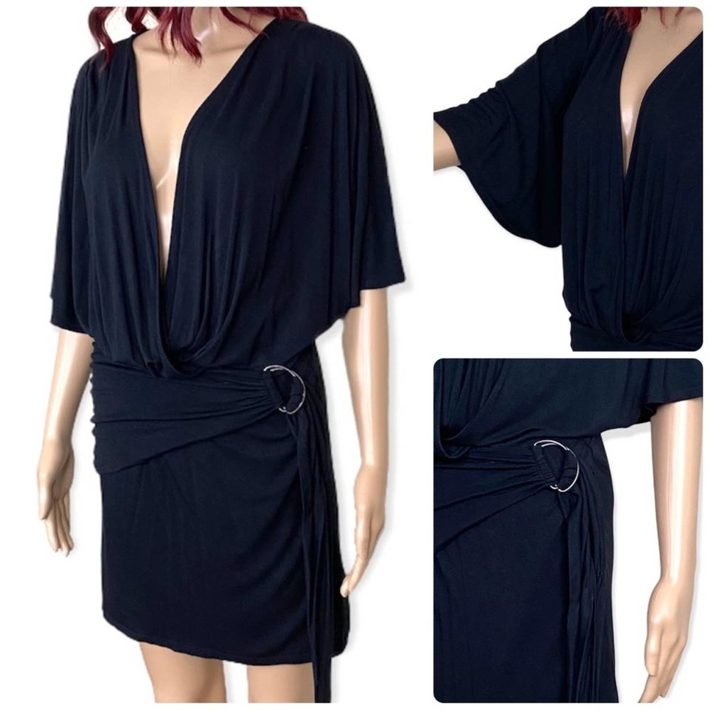 Free People Womens Faux Wrap Mini Dress Small Black Plunging V-Neck Stretch